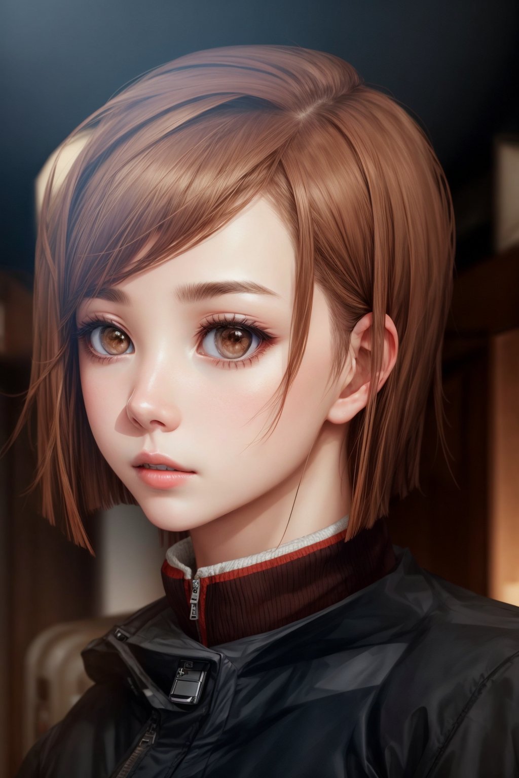 1girl, solo, female_focus, closed_mouth, bangs, brown_hair, blurry_background, blurry, short_hair, brown_eyes, jacket, looking_at_viewer, upper_body