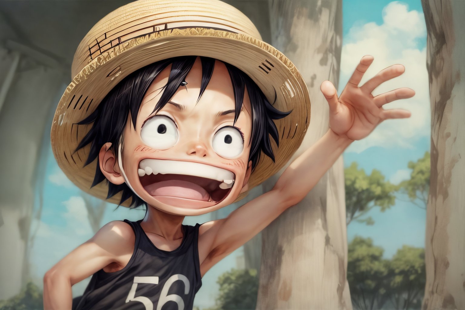 band-aid hat ,kid, child, slim, straw_hat , black_hair , solo , child , open_mouth , male_focus , black_eyes , monkey_d_luffy , smile , 1boy , :d , upper_body