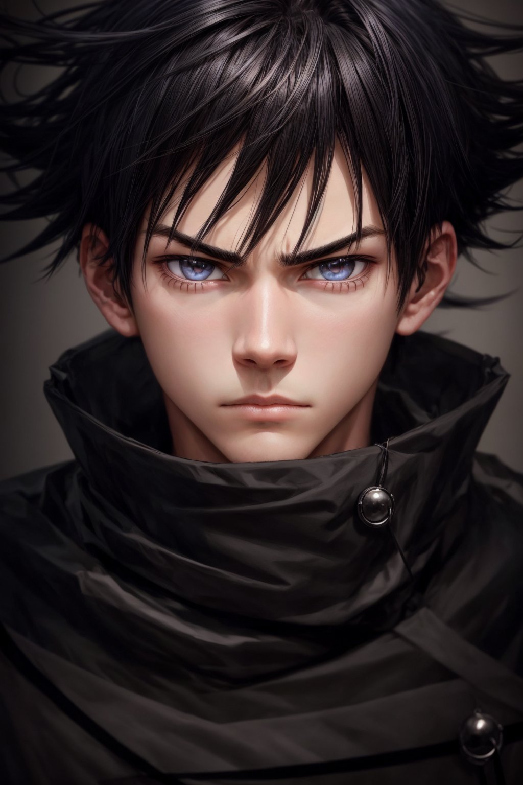 1boy 100% male_focus , solo , spiked_hair , frown , closed_mouth , black_eyes , black_hair , looking_at_viewer , face , blurry_background , v-shaped_eyebrows , close-up , bangs