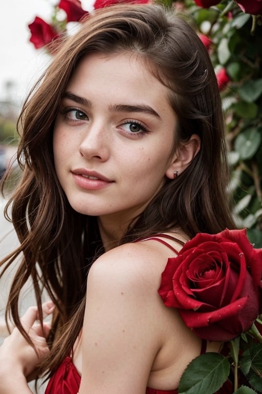  beautiful red roses and an explosion of red rose petals, creating a stunning scene that captures the essence of the celebration. a beautiful cute young attractive aussie teenage girl, village girl, 18 years old, cute, Instagram model, long brunette hair, big eyes,