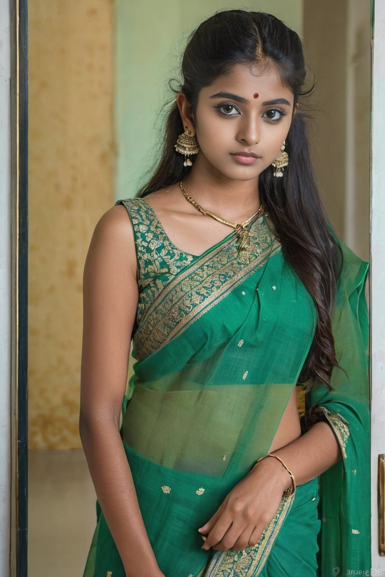 Indian teenager girl stand up in front of mirror, sari green, full body view, 
nikon d850:0.1, nikon af - s nikkor 70 - 200mm f/ 2. 8e fl ed vr,
ultra realistic 8k, picture-perfect young face, cute face,
nude:1.9,
(((natural beauty, black eyes, attractive))),
ethereal light, artistic pose,
cute face:1.5, beautiful face, extremely detailed eyes, 
