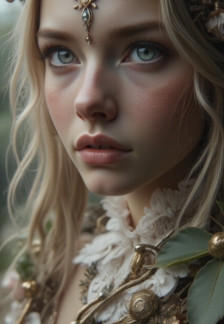 A stunning photorealistic portrait of a breathtakingly beautiful girl gazes directly into the camera's lens from a tight, close-up shot. Her porcelain doll-like complexion and luscious locks are set against a lush backdrop of ancient flowers in full bloom within a serene garden, as if transported straight from a mythical realm.