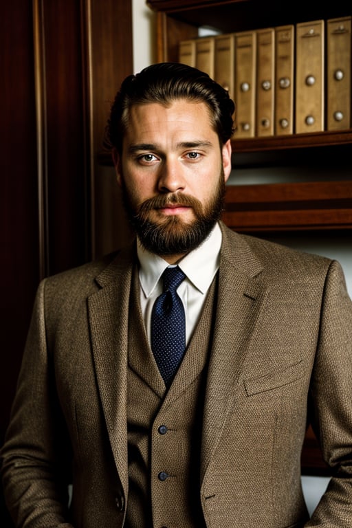 (masterpiece), raw, photo of a man, tired look, raw photo, (1600:1.5) year old, retro photo, behind a desk, realism, photography, (cinematic lighting), image of a clerk, big beard, handsome face, brown eyes, (vintage three piece suit), (black suit), (low key), muted colors.