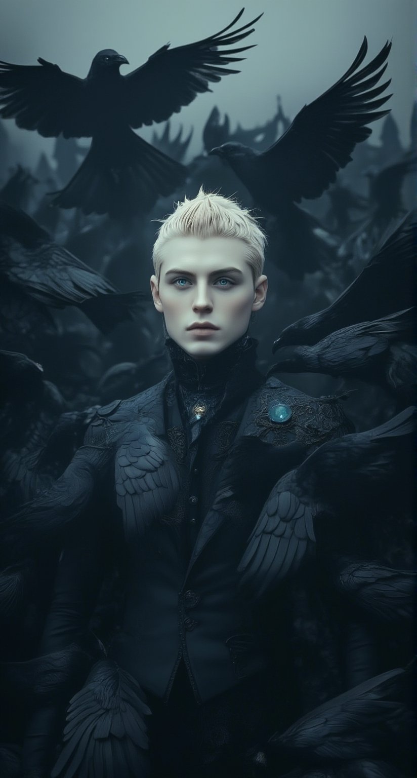 A pale-skinned figure with short, platinum blonde hair gazes directly at the viewer from the center of a swirling mass of dark birds, blue colored eyes, likely crows or ravens. The atmosphere is moody and surreal, with a limited color palette dominated by blacks and deep grays, creating a sense of confinement and mystery. The figure wears a form-fitting, dark outfit that blends into the surroundings, emphasizing the contrast between their fair skin and the dark feathers surrounding them.