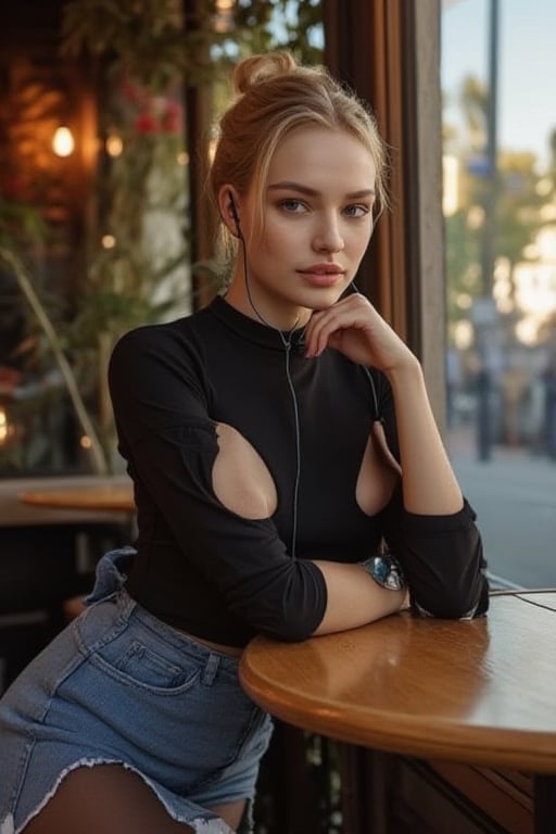 RAW photo, masterpiece, photorealistic, (full length), girl, gorgeous 22-year-old girl, elegant model, posing for a photo, sitting at a table in a summer cafe, (busy cafe), gorgeous photo shoot , many details, evening sun, (perfect slim body), (chest size one), blond hair, in a black tight shirt with a high collar, (decollete), denim skirt with sides, stockings, with headphones, sneakers,