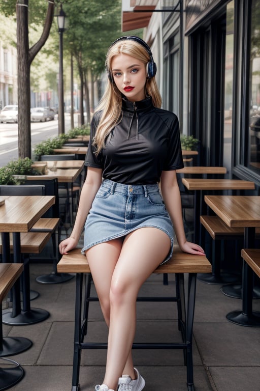 RAW photo, masterpiece, photorealistic, (full length), girl, gorgeous 20-year-old girl, elegant model, posing for a photo, sitting at a table in a summer cafe, (leg to foot: 1.5), (busy cafe), gorgeous photo shoot , many details, evening sun, (perfect slim body), (chest size one), blond hair, in a black tight shirt with a high collar, (decollete), denim skirt with sides, stockings, with headphones, sneakers,