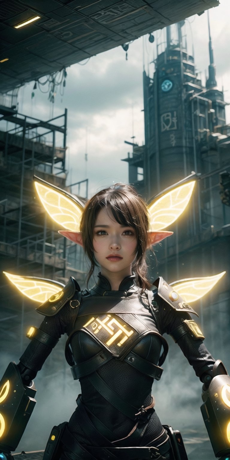 best quality,  extremely detailed,  HD,  8k, imagine a futuristic city, where magic and high-tech science coexist, an ((fairy)) girl with small wings stading next to ((humanoids robot)), ((elf ears)), (( yellow glowing wings)), GlowingRunes_, ((upper body)), futuristic city scene as background, ((extremely detailed background)) ,FFIXBG,shodanSS_soul3142