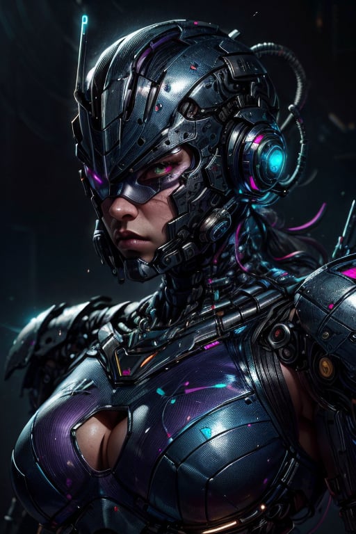 1 exoskelet man, cyber head gear, cyberpunk tech, dark weather, masterpiece, photorealistic, super realistic, DSLR, ISO 800, shutter speed 1/200, focal length 14mm, shallow depth of field, ultra wide angle, 8k, UHD, science fiction, purple light background, purple light, perfect face, extremely detail face, rage, perfect body, muscle shap, perfect hands and fingers, exoskelet, worn leather armor, LED mask, mechanical parts, mechanical arms, matte skin, angry eyes, perfecteyes,mecha, 