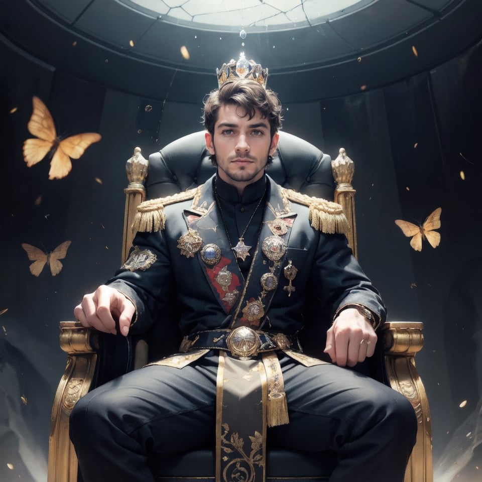 King of the asteroid belt A regal portrait of a man with a crown  of meteorites , sitting on a throne made of shattered, his gaze commanding respect and awe. 
,Futuristic room,DonM3l3m3nt4l,nodf_lora,perfect light,firefliesfireflies,perfecteyes eyes,BlackworkStyleManityro, 