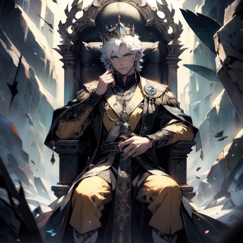 King of the asteroid belt A regal portrait of a man with a crown  of meteorites , sitting on a throne made of shattered, his gaze commanding respect and awe. 
,More Detail, 