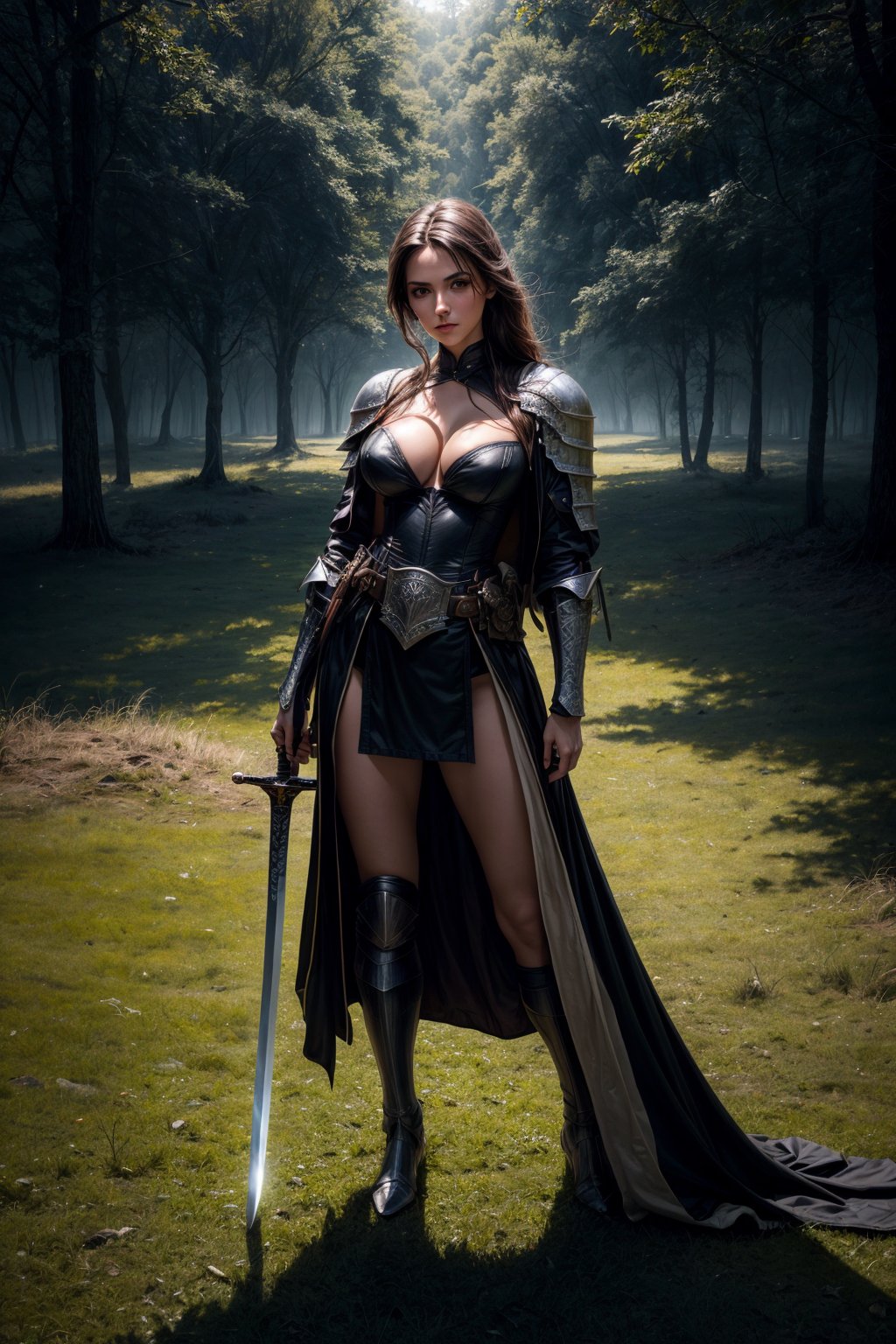 extremely detailed, realistic, ultra high resolution, masterpiece, cinematic image, cinematic light, dynamic light, intense atmosphere, deep shadow, light on half body, light on half face, girl standing holding long straight sword, big breast, savana, luscious grass, big waist, shoot full body, a little pose, looking at viewer, pointing sword backwards, knight suit 