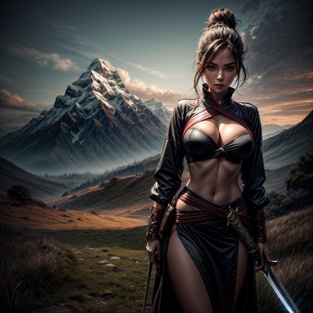 extremely detailed, realistic, ultra high resolution, masterpiece, cinematic image, cinematic lighting, dynamic lighting, intense atmosphere, deep shadow, savana, luscious grass,visible from a distance, girl standing holding long straight sword pointing backwards, big breast, tied hair, big waist, shoot full body, a little pose, half-up one bun hair style, looking at viewer, perfect eyes, assasin suit, mountain, 