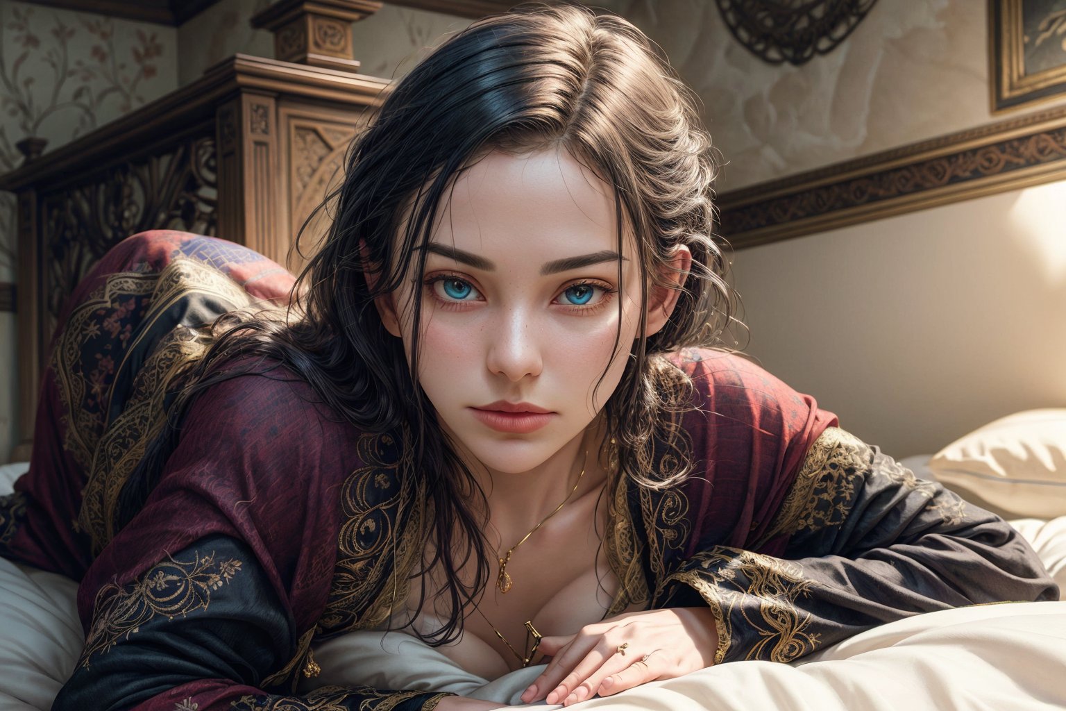 beautiful woman, sleep on the bed, beautiful face, beautiful eyes, pale skin, beautiful dress, morning, clean design, epic Instagram, contour, hyperdetailed intricately detailed, unreal engine, fantastical, intricate detail, complementary colors, fantasy concept art, 8k resolution, extreme quality, extremely detailed, ultra-detailed face, ultra hd 8k, perfect anatomy, centered, approaching perfection, dynamic, highly detailed, smooth, sharp focus, ,lord of the rings (but careful with the word "lord"), wide angle,m4d4m