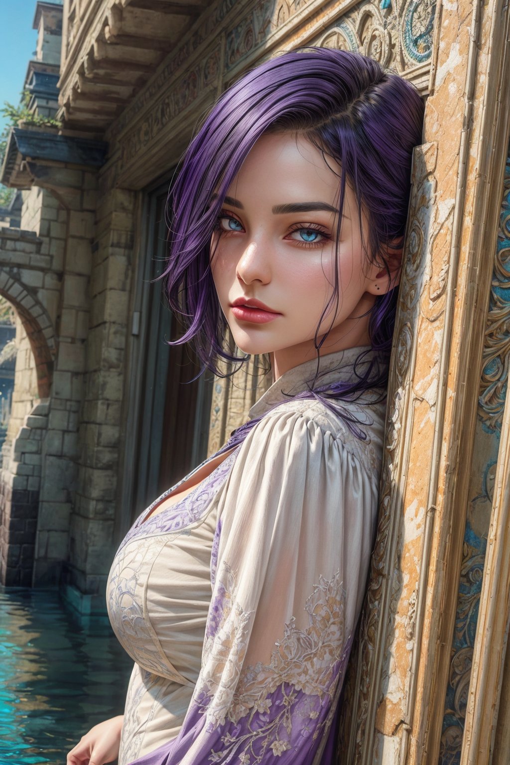 beautiful woman, beautiful face, beautiful eyes, purple eyes, black-purple hair, pale skin, clean design, epic Instagram, contour, hyperdetailed intricately detailed, unreal engine, fantastical, intricate detail, splash screen, complementary colors, fantasy concept art, 8k resolution, extreme quality, extremely detailed, ultra-detailed face, ultra hd 8k, perfect anatomy, centered, approaching perfection, dynamic, highly detailed, smooth, sharp focus, beautiful dress