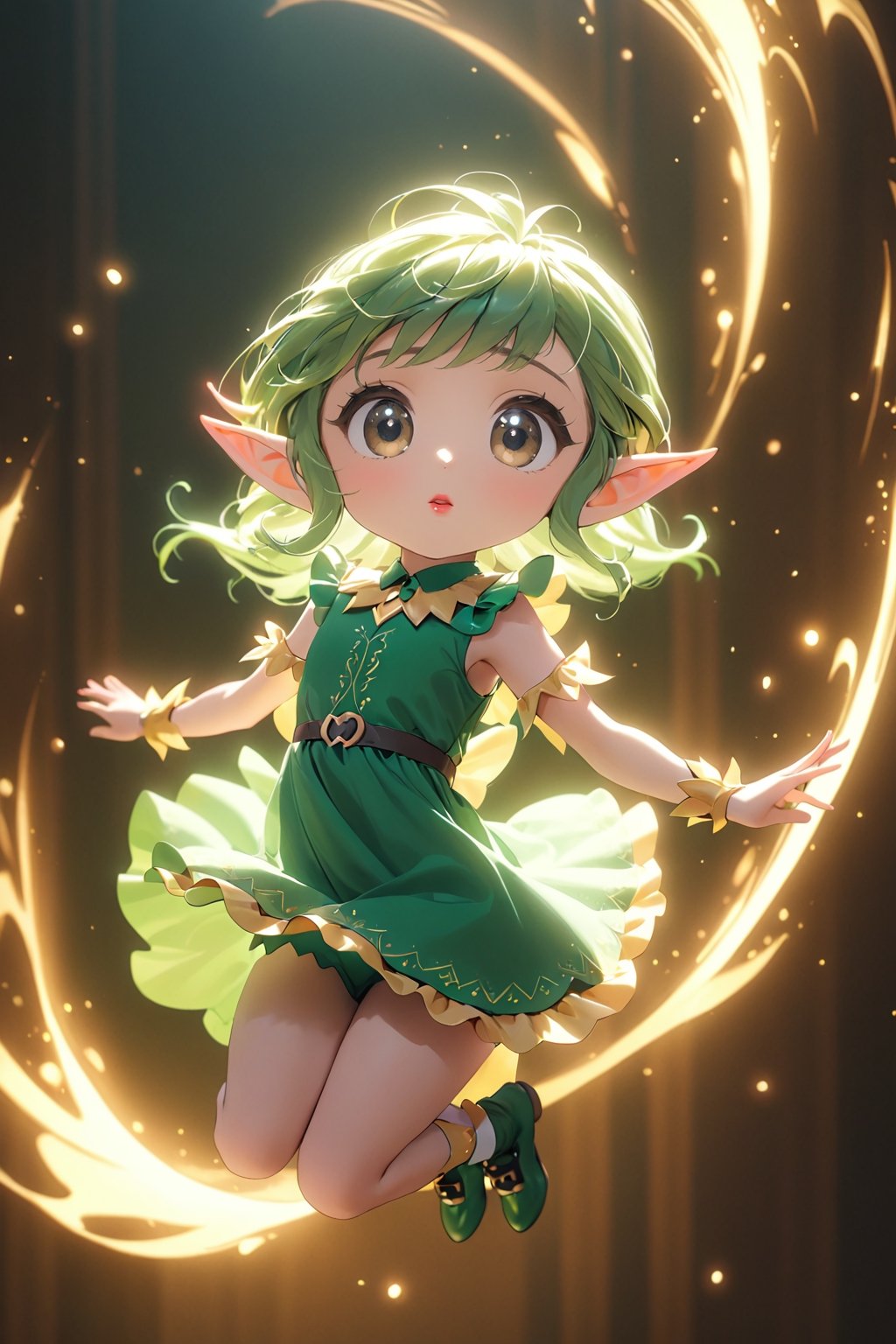 best quality, masterpiece, beautiful and aesthetic, vibrant color, Exquisite details and textures,  Warm tone, ultra realistic illustration,	(cute elf girl 5year old:1.5),   Jumping pose,	cute eyes, big eyes,	(a chic look:1.1),	cinematic lighting, ambient lighting, sidelighting, cinematic shot,	siena natural ratio, children's body, anime style, shiny wave lshort green hair, 	wearing a cute dress, ultra hd, realistic, vivid colors, highly detailed, UHD drawing, perfect composition, beautiful detailed intricate insanely detailed octane render trending on artstation, 8k artistic photography, photorealistic concept art, soft natural volumetric cinematic perfect light. 