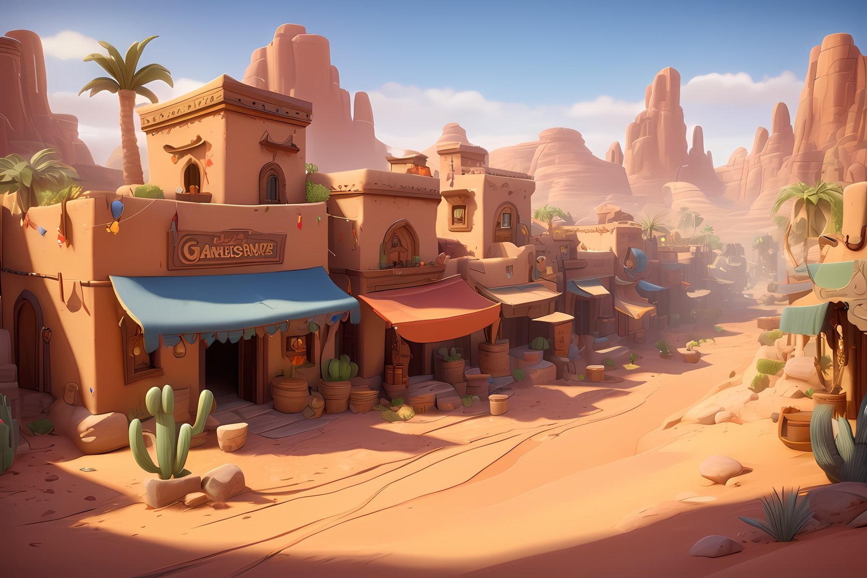 best quality, masterpiece, highres, Disney style, cartoon style, sfw, Game Scene Mood Map, Unreal Engine, Toon Rendering,  ink scenery, inside desert city, bazaar ,greg rutkowski,chibi