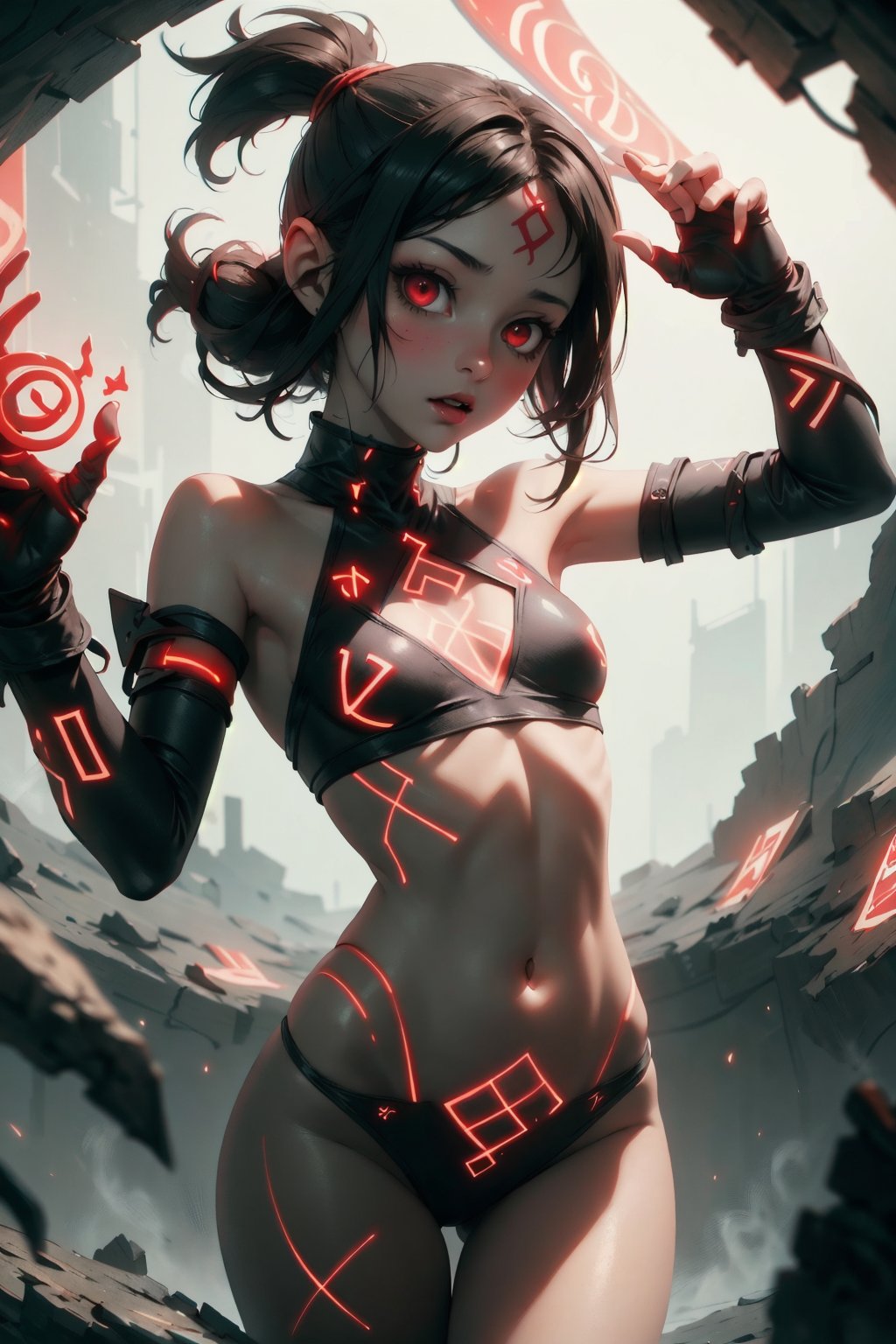 (masterpiece, best quality), 1girl, cute, small body, medium breasts, GlowingRunes_red, stomach