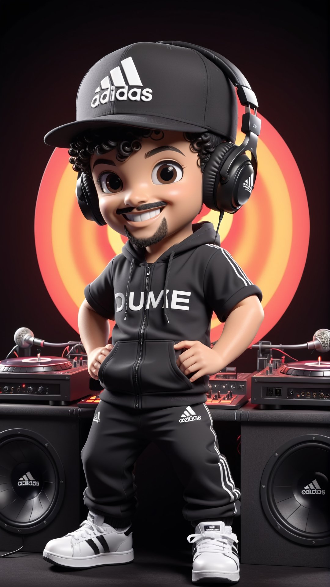 (((Dewey Decibel text logo))),  dancing and DJing, 3d figure,  1 boy,  black curly hair, light black/hazel eyes, piercings,((backwards hat)), adidas jump suit outfit,  cute smile,  famous DJ,  very popular,  passionate, bad ass, dressed retro/furutistic,  Electronic music, (((short goatee))), ((headphones wrapped around neck)), looking retro and new wave,  DJing for a huge crowd,  everyone is looking at him,3d figure,text logo,pturbo