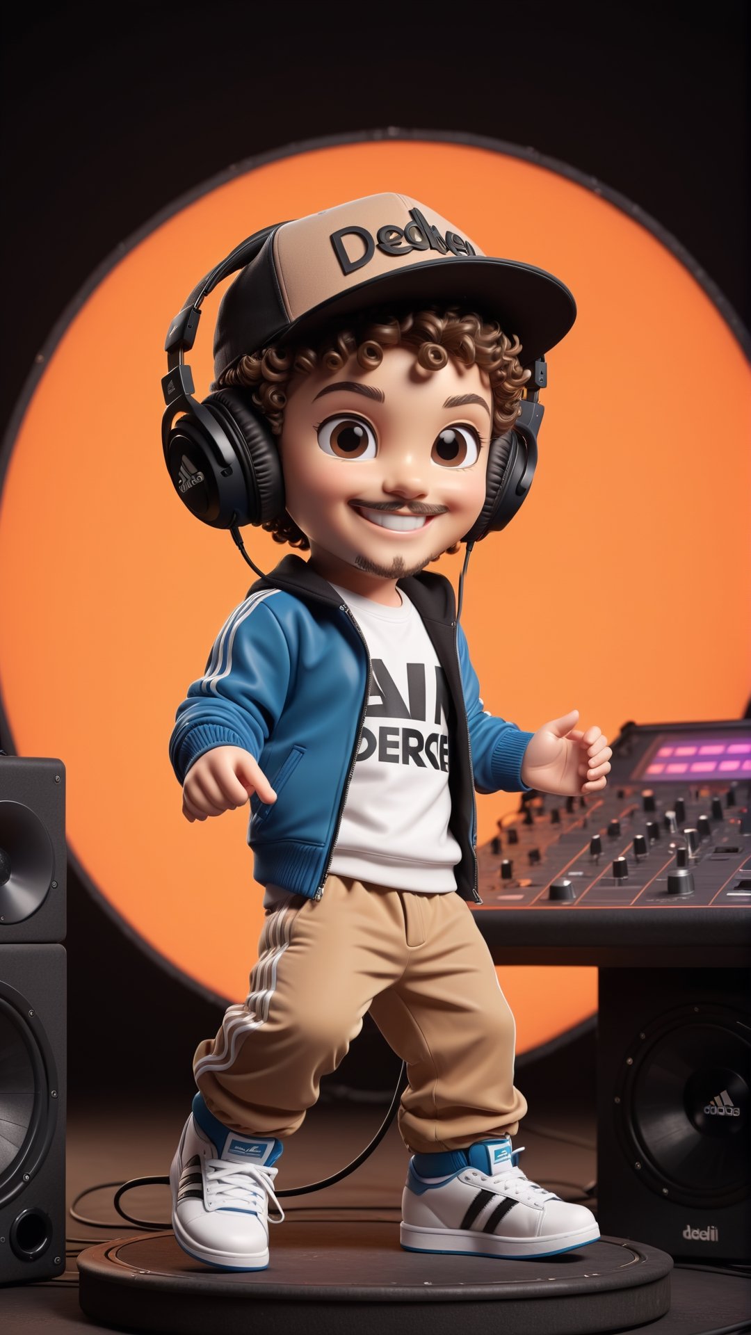 (((Dewey Decibel text logo))),  dancing and DJing, 3d figure,  1 boy,  brown curly hair, light brown/hazel eyes, piercings,((backwards hat)), adidas jump suit outfit,  cute smile,  famous DJ,  very popular,  passionate, bad ass, dressed retro/furutistic,  Electronic music, (((short goatee))), ((headphones wrapped around neck)), looking retro and new wave,  DJing for a huge crowd,  everyone is looking at him,3d figure,text logo,pturbo