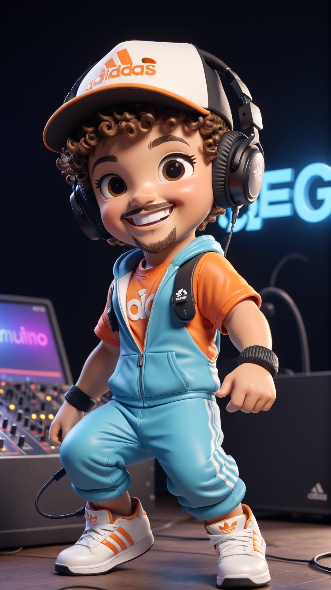 (((Dewey Decibel text logo))),  dancing and DJing, 3d figure,  1 boy,  brown curly hair, light brown/hazel eyes, piercings,((backwards hat)), adidas jump suit outfit,  cute smile,  famous DJ,  very popular,  passionate, bad ass, dressed retro/furutistic,  Electronic music, (((short goatee))), ((headphones wrapped around neck)), looking retro and new wave,  DJing for a huge crowd,  everyone is looking at him,3d figure,text logo,pturbo