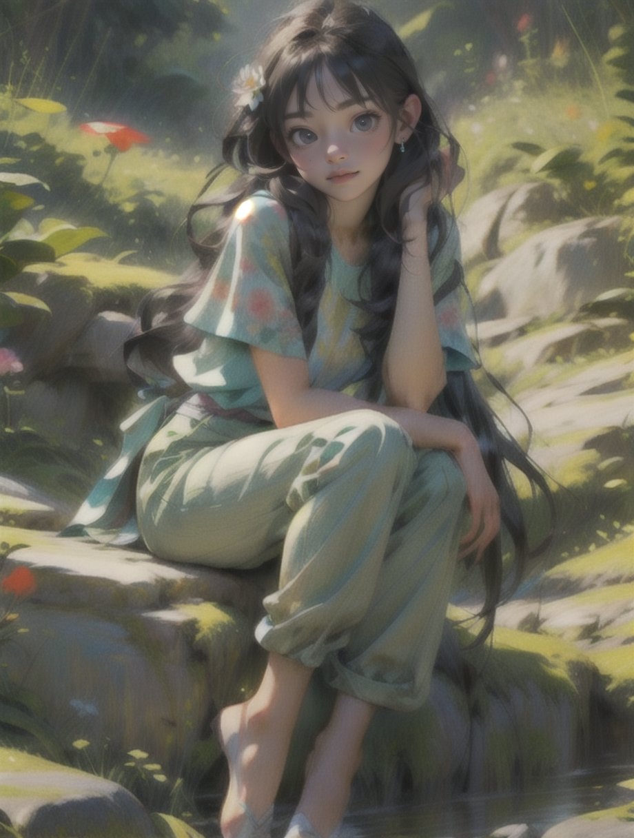 (full body), oil painting, a beautiful girl, looking at you, with colourful flowers in the green long hair, sitting on a rock covered with flowers, hyper-detailed, realistic