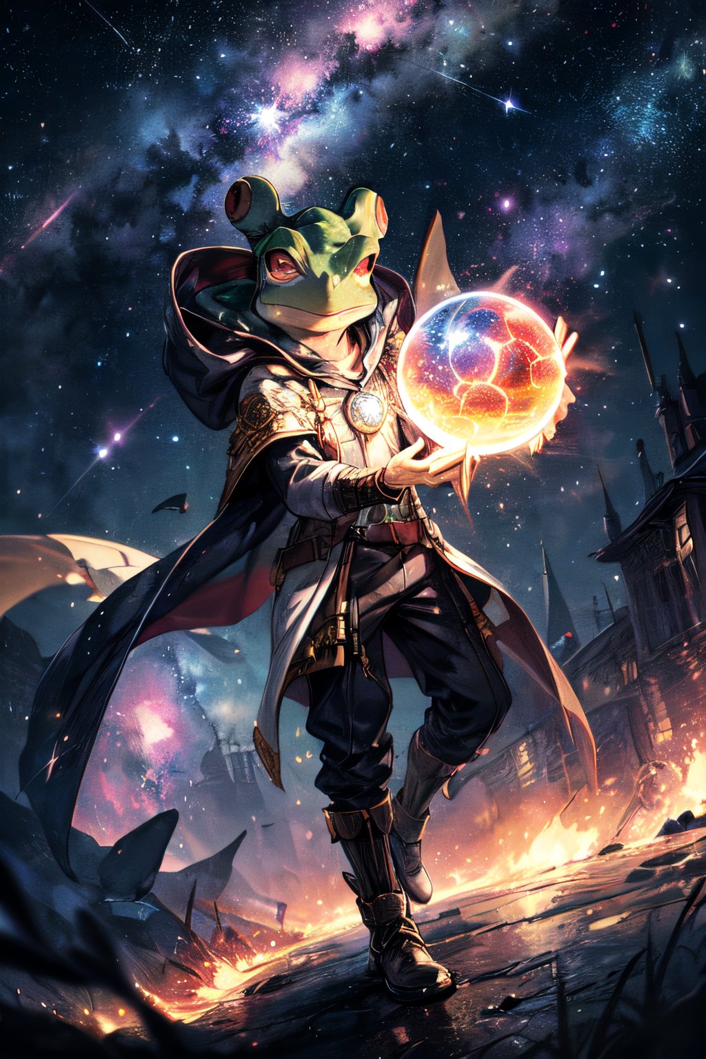 (the most powerful wizard frog, holding a magic complex sphere, serious mood), casting a powerful magic, sparky magic-energy, strong wind, ky full of stars and nebula background::1.3, colorful detailed magic effect::1.2, complex_background, midjourney-style, midjourney