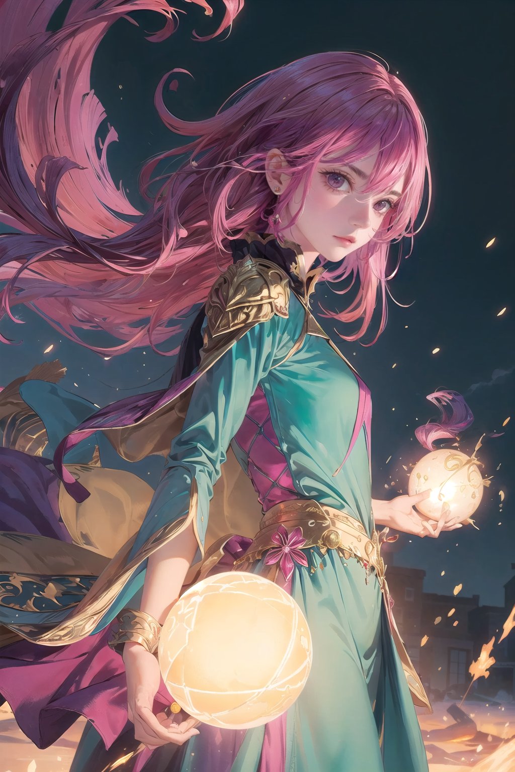 (the must powerful wizard girl, long curly magenta hair, cyan eyes, detailed golden wizard dress, holding a magic complex sphere, serious mood), casting a powerful magic, sparky magic-energy, strong wind, destroyed small town background::1.3, colorful detailed magic effect::1.2, detailed light, fighting atmosphere, daylight, sunny day::1.2
