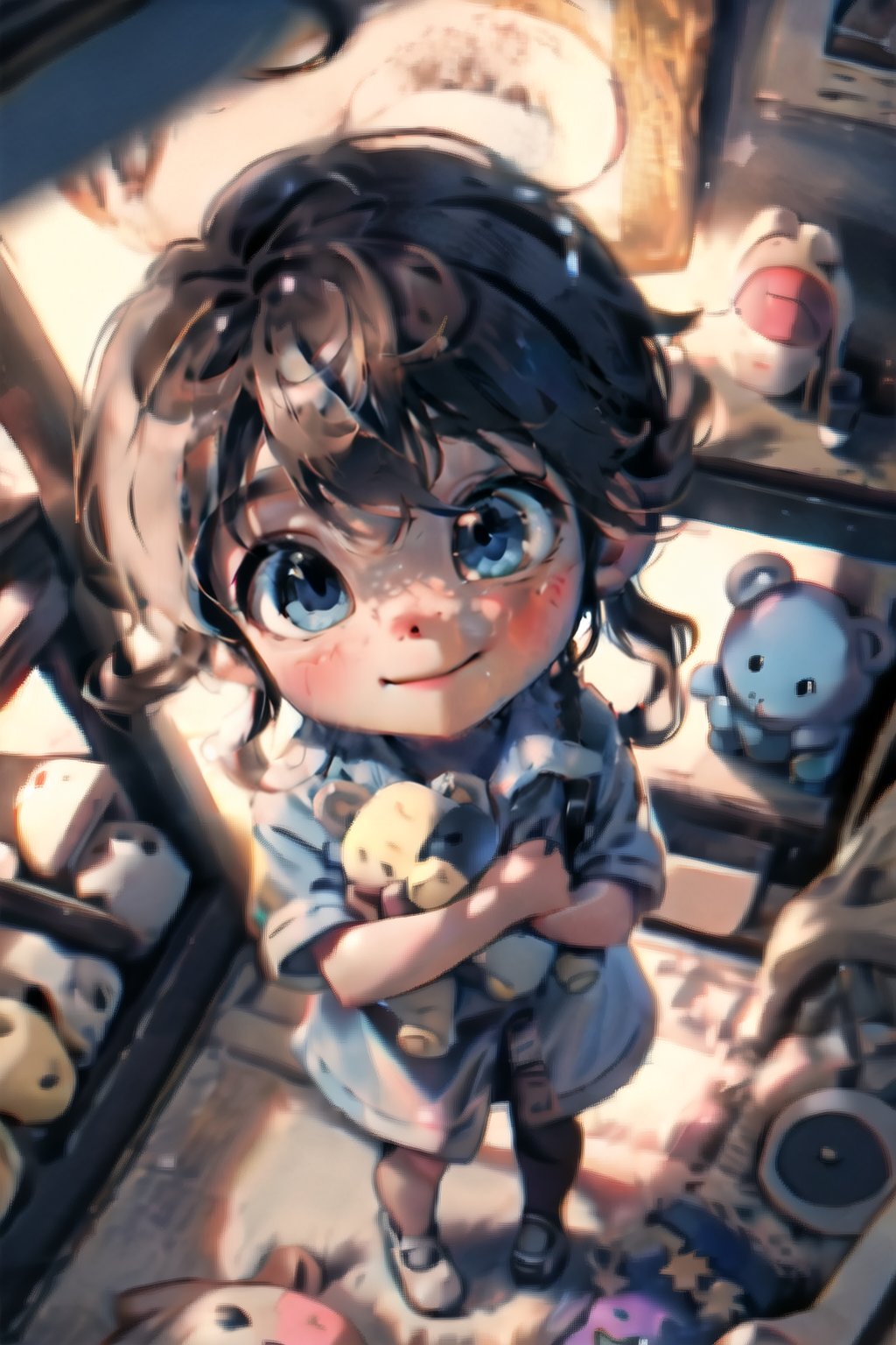 Centered, (masterpiece, best quality), (hyper realistic), 1girl, brunette hair, long pigtails, blue eyes, happy, blue oversized men's button down dress shirt, standing, holding a brown teddy, face pointed toward her teddy, from above,chibi, dim light 1:4, in bedroom, dynamic lighting, looking up at viewer, smiling,perfecteyes