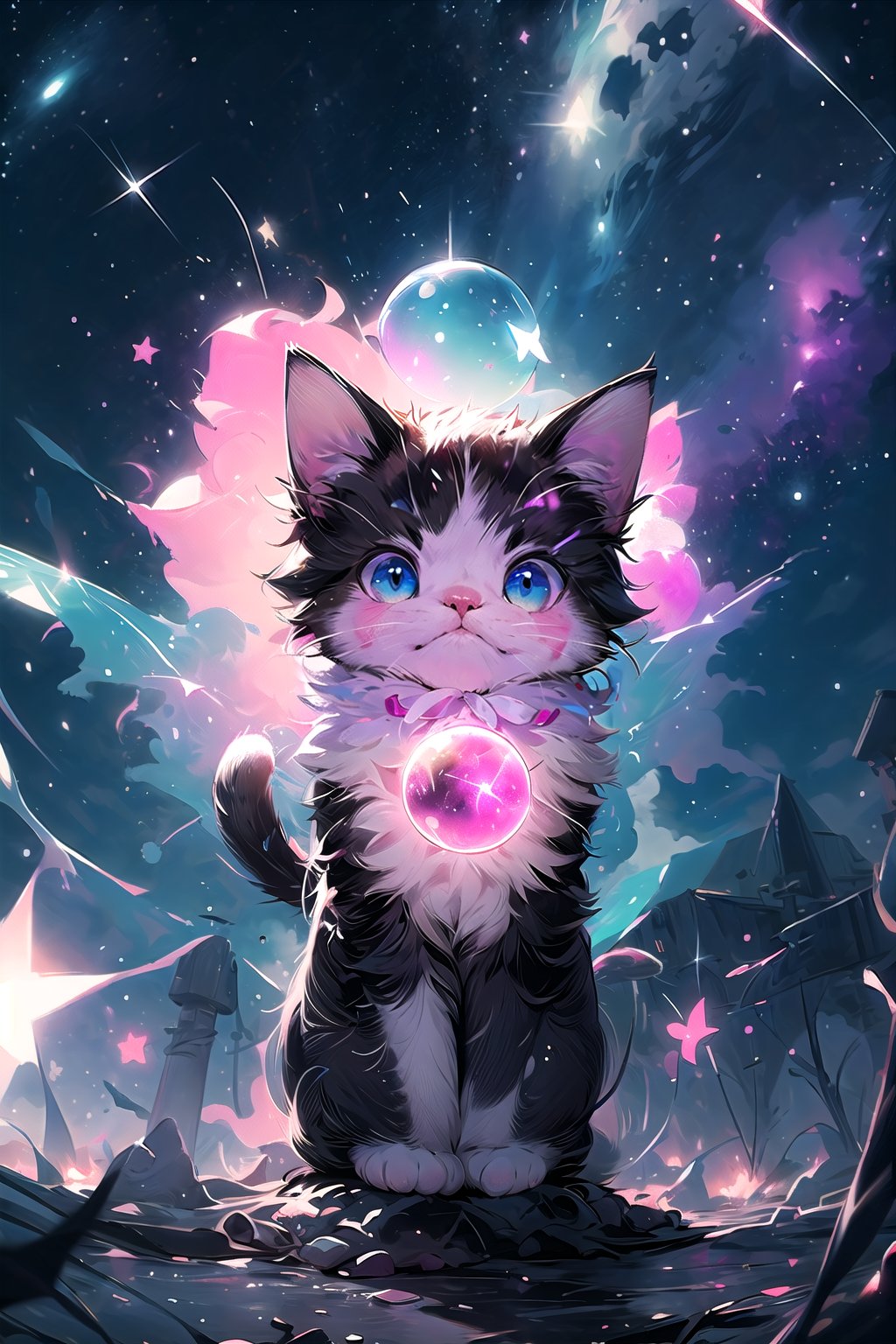 (the most powerful wizard cat, fluffy magenta and pink fur, cyan eyes, holding a magic complex sphere, serious mood), casting a powerful magic, sparky magic-energy, strong wind, ky full of stars and nebula background::1.3, colorful detailed magic effect::1.2, complex_background, black_cat