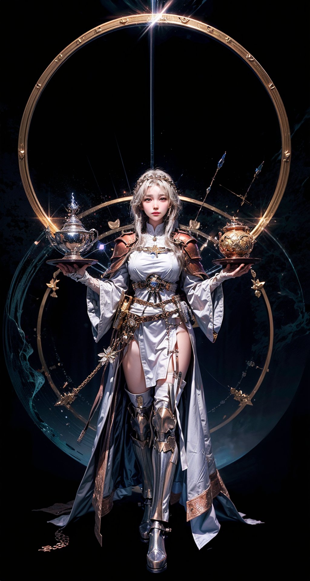 Female Paladin wearing white gold Chain Shirt Armor with Moonlit Edges , Copper Alchemist Robe with Transmutation Circles: Transmutation circles are intricately woven into the fabric, representing alchemical knowledge, (Tallow,Vessel color background:1.3), kisara,mecha musume,kongming suit,feh