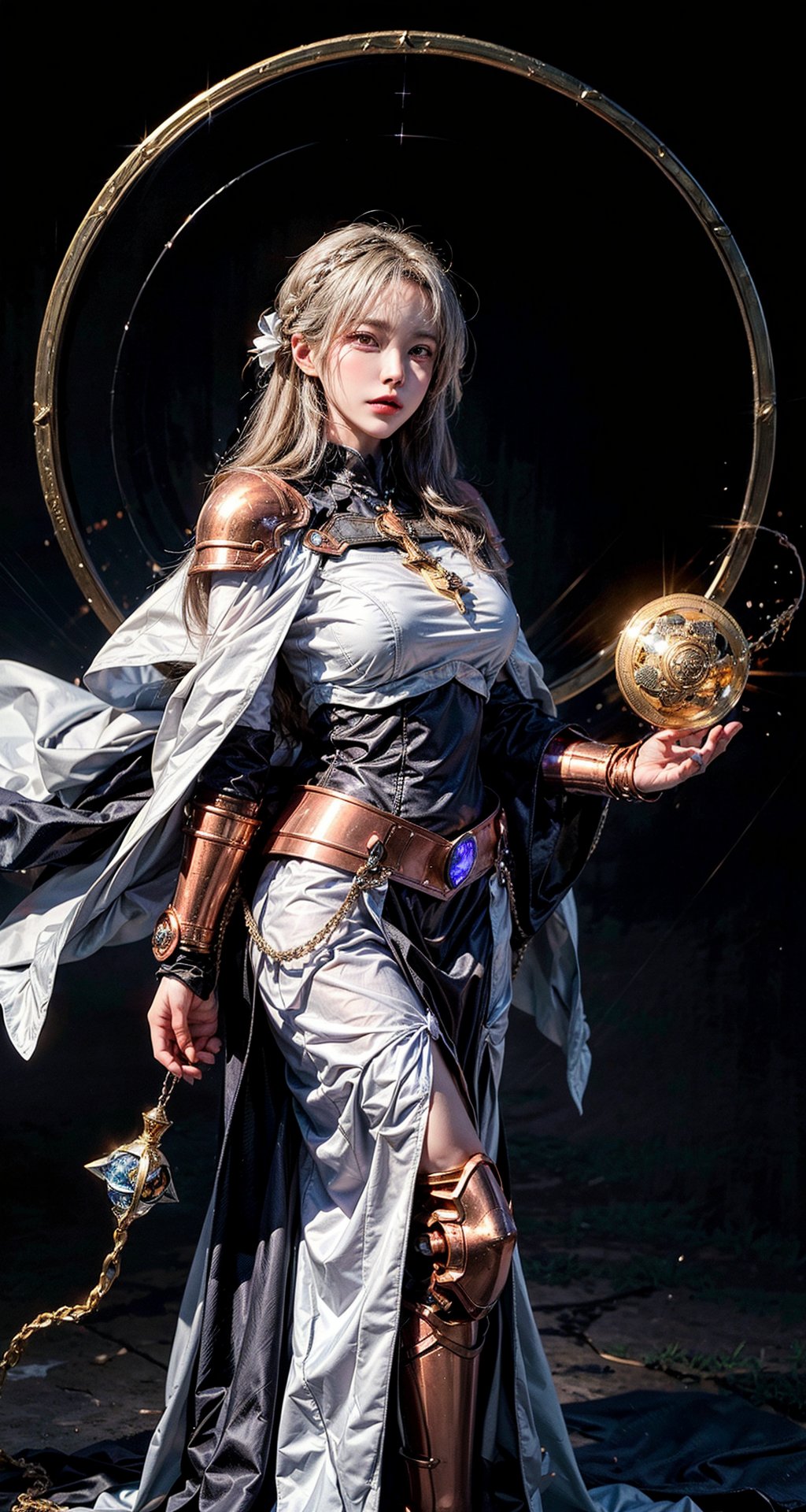 Female Paladin wearing white gold Chain Shirt Armor with Moonlit Edges , Copper Alchemist Robe with Transmutation Circles: Transmutation circles are intricately woven into the fabric, representing alchemical knowledge, (Tallow,Vessel color background:1.3), kisara,mecha musume,kongming suit,feh