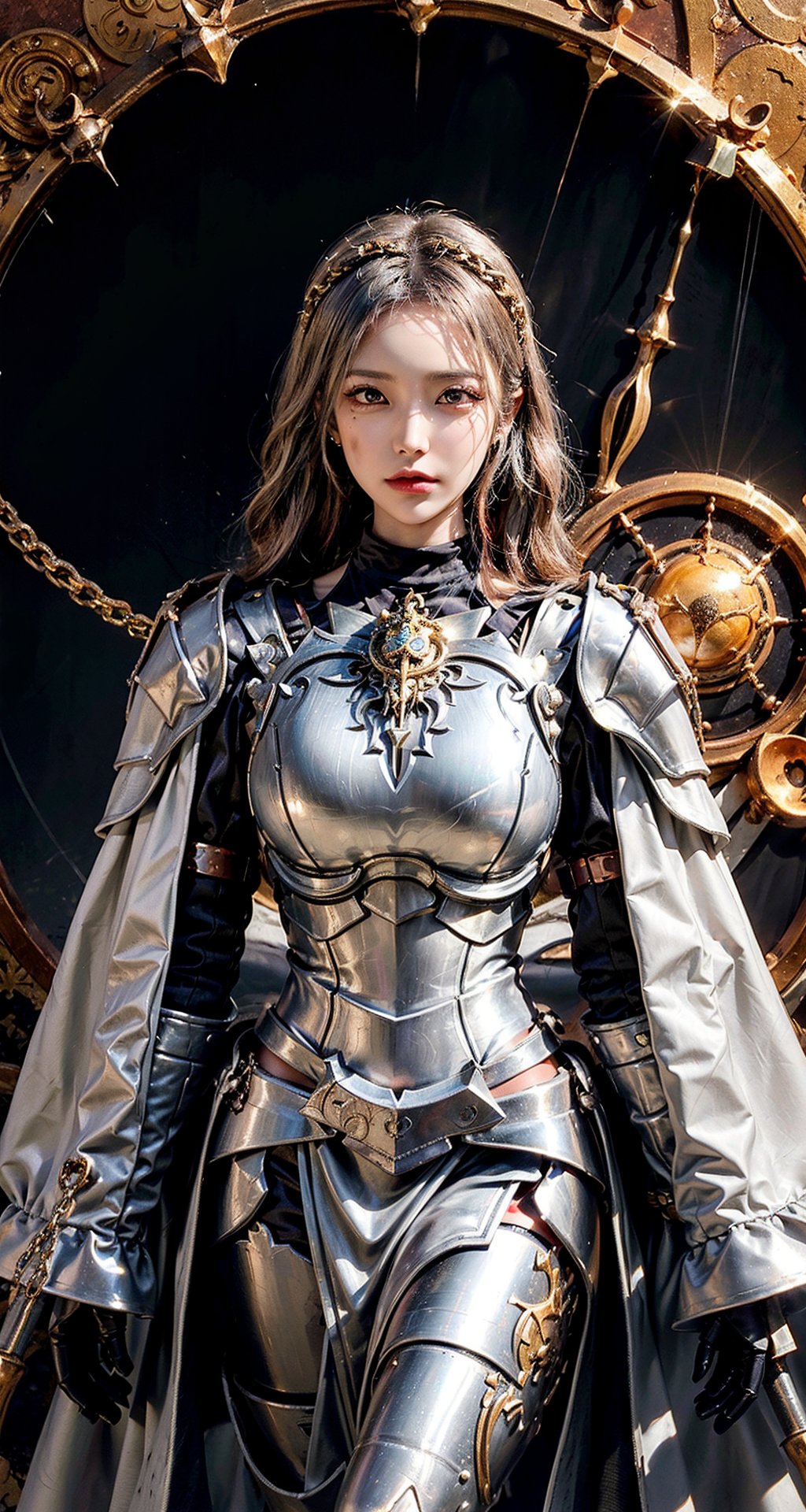 Female Paladin wearing Silver Chain Shirt Armor with Moonlit Edges , Copper Alchemist Robe with Transmutation Circles: Transmutation circles are intricately woven into the fabric, representing alchemical knowledge., (Tallow,Vessel color background:1.3),  