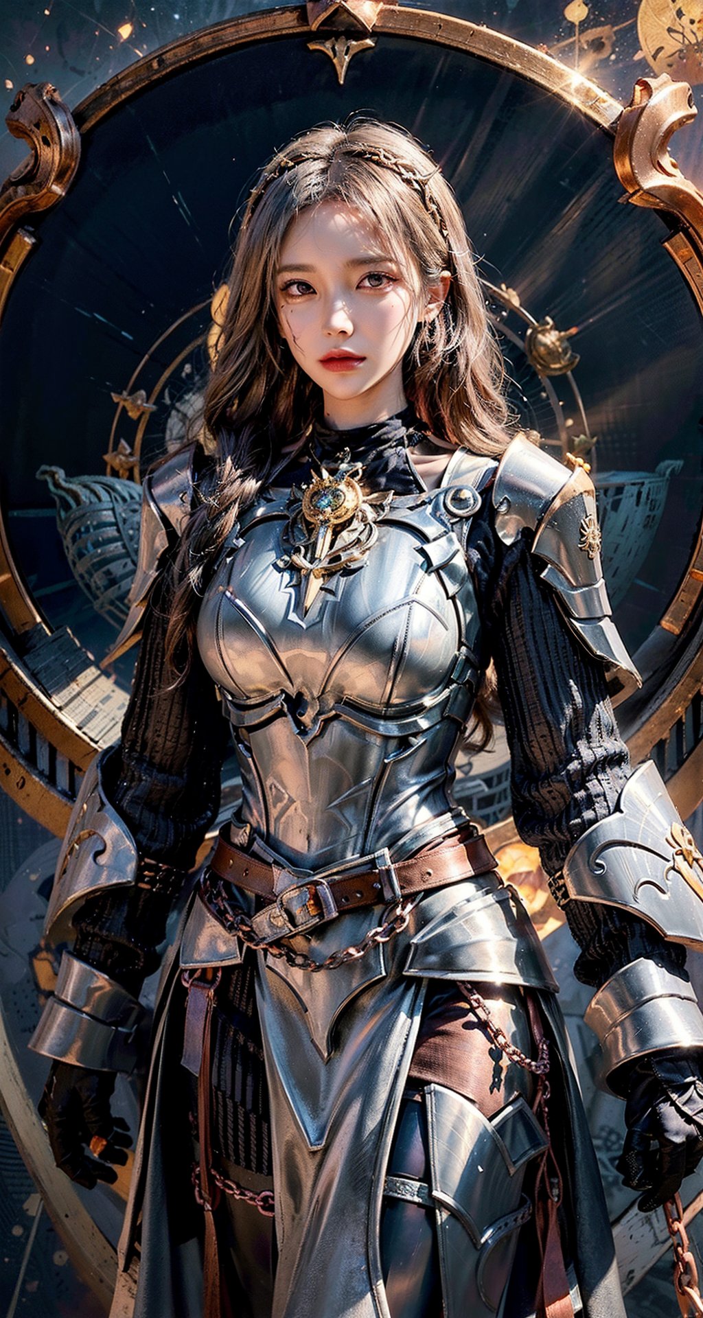 Female Paladin wearing Silver and Pink Chain Shirt Armor with Moonlit Edges , Copper Alchemist Robe with Transmutation Circles: Transmutation circles are intricately woven into the fabric, representing alchemical knowledge., (Tallow,Vessel color background:1.3),  