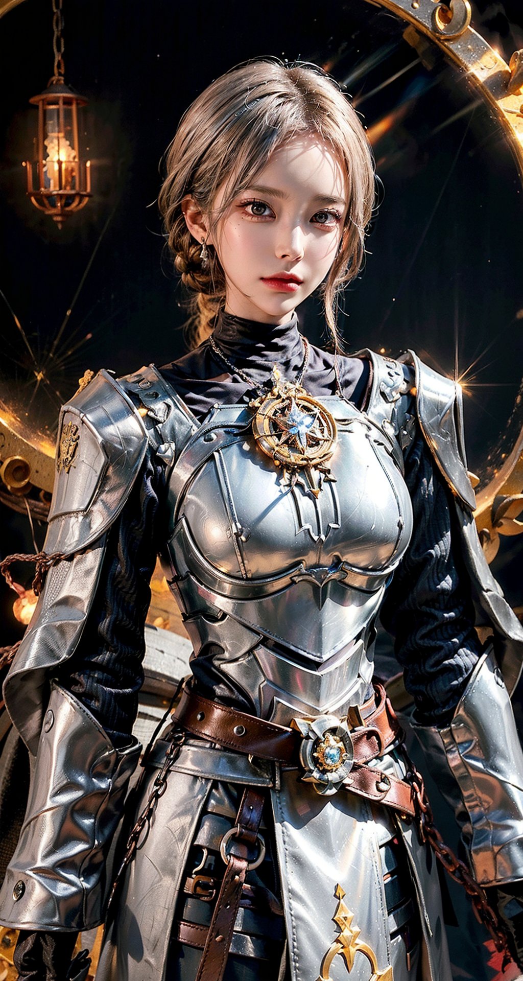 Female Paladin wearing Silver|Pink Chain Shirt Armor with Moonlit Edges , Copper Alchemist Robe with Transmutation Circles: Transmutation circles are intricately woven into the fabric, representing alchemical knowledge., (Tallow,Vessel color background:1.3),  