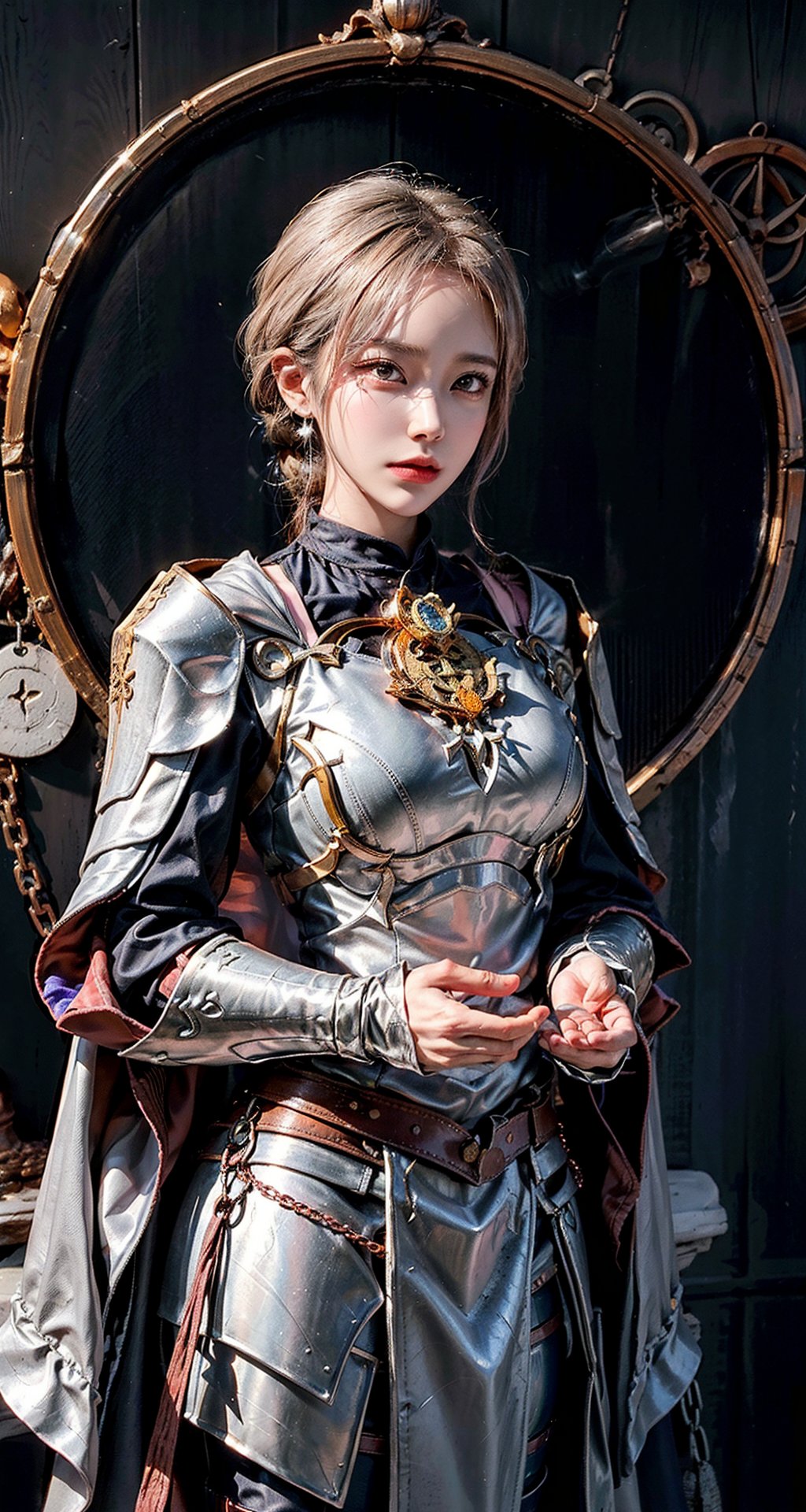 Female Paladin wearing Silver and Pink Chain Shirt Armor with Moonlit Edges , Copper Alchemist Robe with Transmutation Circles: Transmutation circles are intricately woven into the fabric, representing alchemical knowledge., (Tallow,Vessel color background:1.3),  