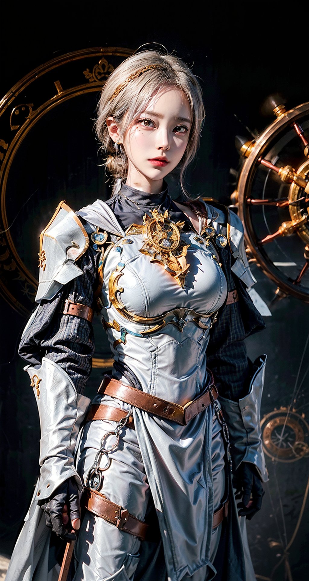 Female Paladin wearing Silver|Pink Chain Shirt Armor with Moonlit Edges , Copper Alchemist Robe with Transmutation Circles: Transmutation circles are intricately woven into the fabric, representing alchemical knowledge., (Tallow,Vessel color background:1.3),  