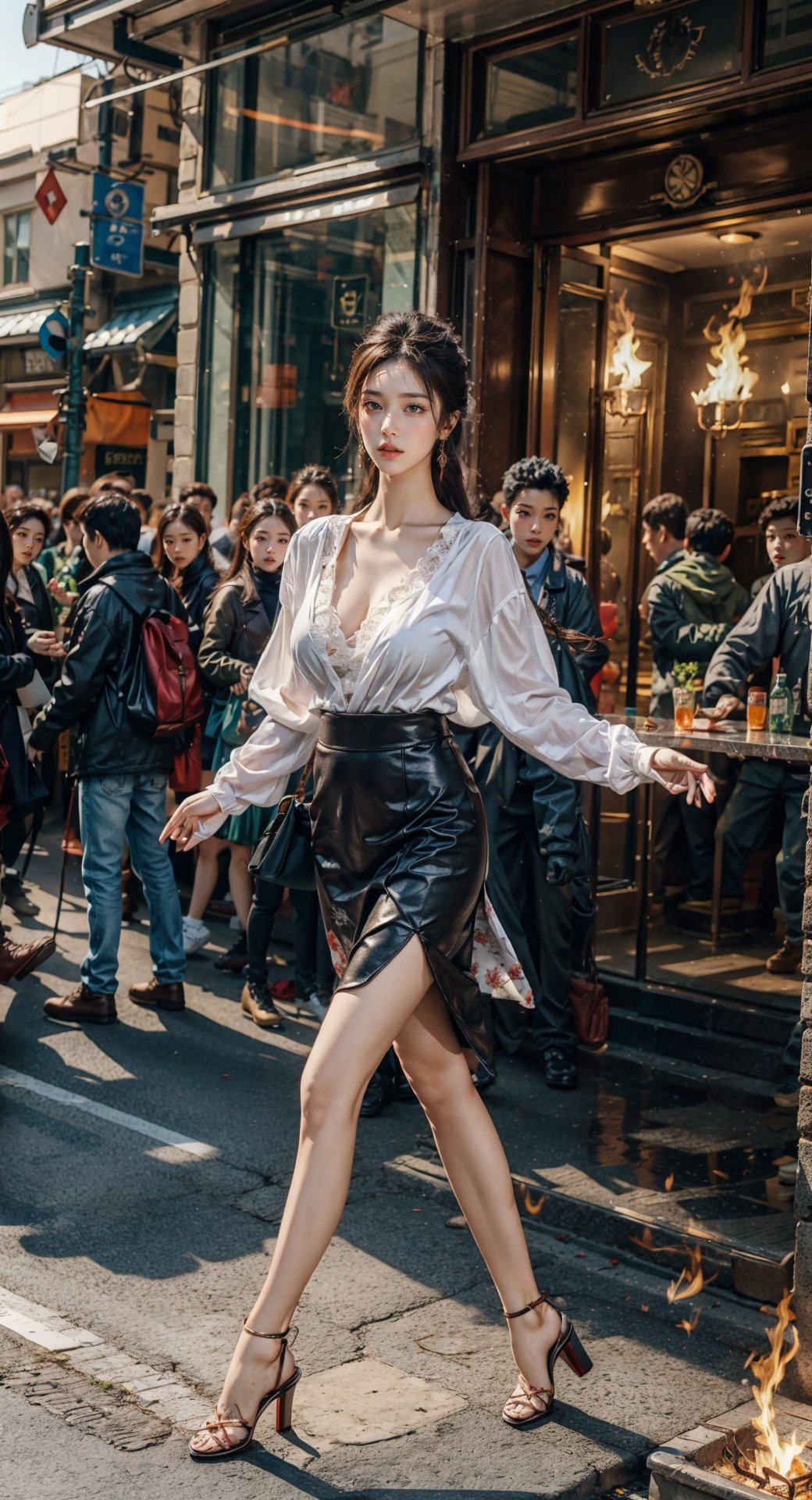 18s comely girl, attractive face, (huge breast), high heel, on street, sunlight, sunshine, yuhuo, fire in hand,