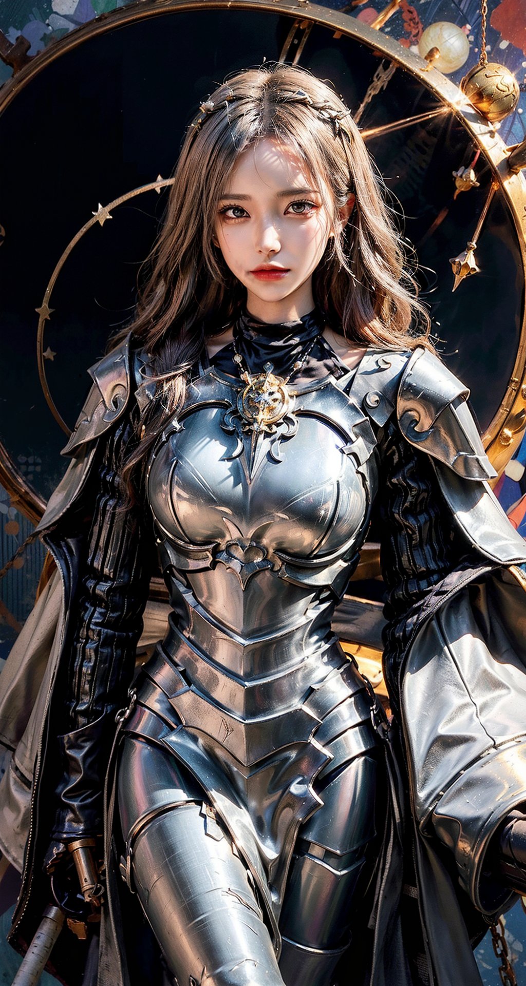 Female Paladin wearing Silver Chain Shirt Armor with Moonlit Edges , Copper Alchemist Robe with Transmutation Circles: Transmutation circles are intricately woven into the fabric, representing alchemical knowledge., (Tallow,Vessel color background:1.3),  