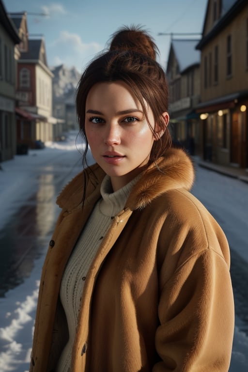 1 woman, ultra-realistic, ultra-detailed, hyper-realistic, photorealistic, light-blonde, slim girl, bun hair, large green eyes, (Emma Stone:0.2), (Scarlett Johansson:0.1), in a (town:1.2), (winter-landscape:1.2), wearing a (fur-coat:1.2), (8k, RAW photo, best quality, depth of field, ultra high res:1.2), (absurdres, intricate, photorealistic, masterpiece, ultra-detailed, Unreal Engine:1.3)