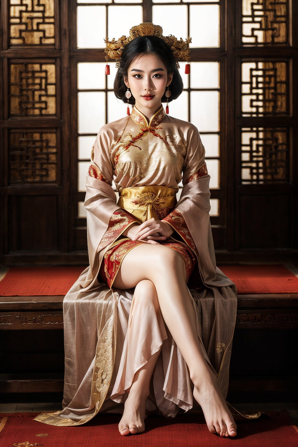 (fantasy art), 1 oriental girl,  ((full body, )) beautiful, perfect face, sweet face, A Chinese Queen sitting in a throne crossing legs, dark eyes, fantastic clothes, dressed in a intricate detailed traditional Chinese dress, background with oriental landscape, fantastic hairstyle,  fantasy, (masterpiece, photorealistic, absurd), dappled sunlight