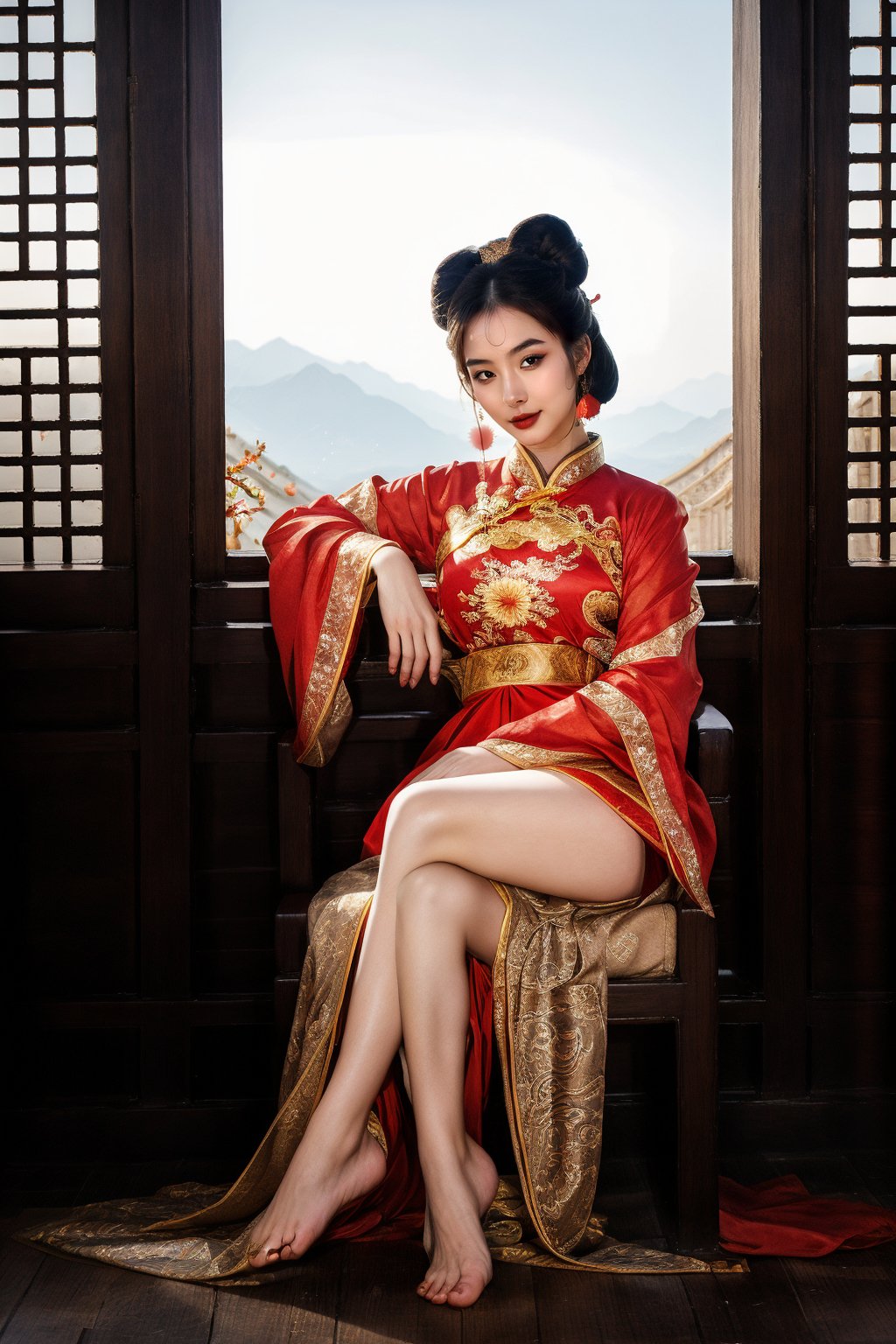 (fantasy art), 1 oriental girl,  ((full body, )) beautiful, perfect face, sweet face, A Chinese Queen sitting in a throne crossing legs, dark eyes, fantastic clothes, dressed in a intricate detailed traditional Chinese dress, background with oriental landscape, fantastic hairstyle,  fantasy, (masterpiece, photorealistic, absurd), dappled sunlight