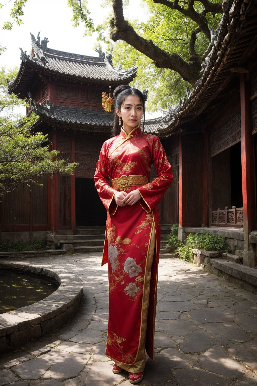 (fantasy art), 1 oriental girl,  ((full body, )) beautiful, perfect face, sweet face,  dark eyes, fantastic clothes, dressed in a intrincate detailed traditional Chinese dress, background with oriental landscape and old houses, fantastic hairstyle, standing full body, fantasy, (masterpiece, photorealistic, absurd), dappled sunlight,