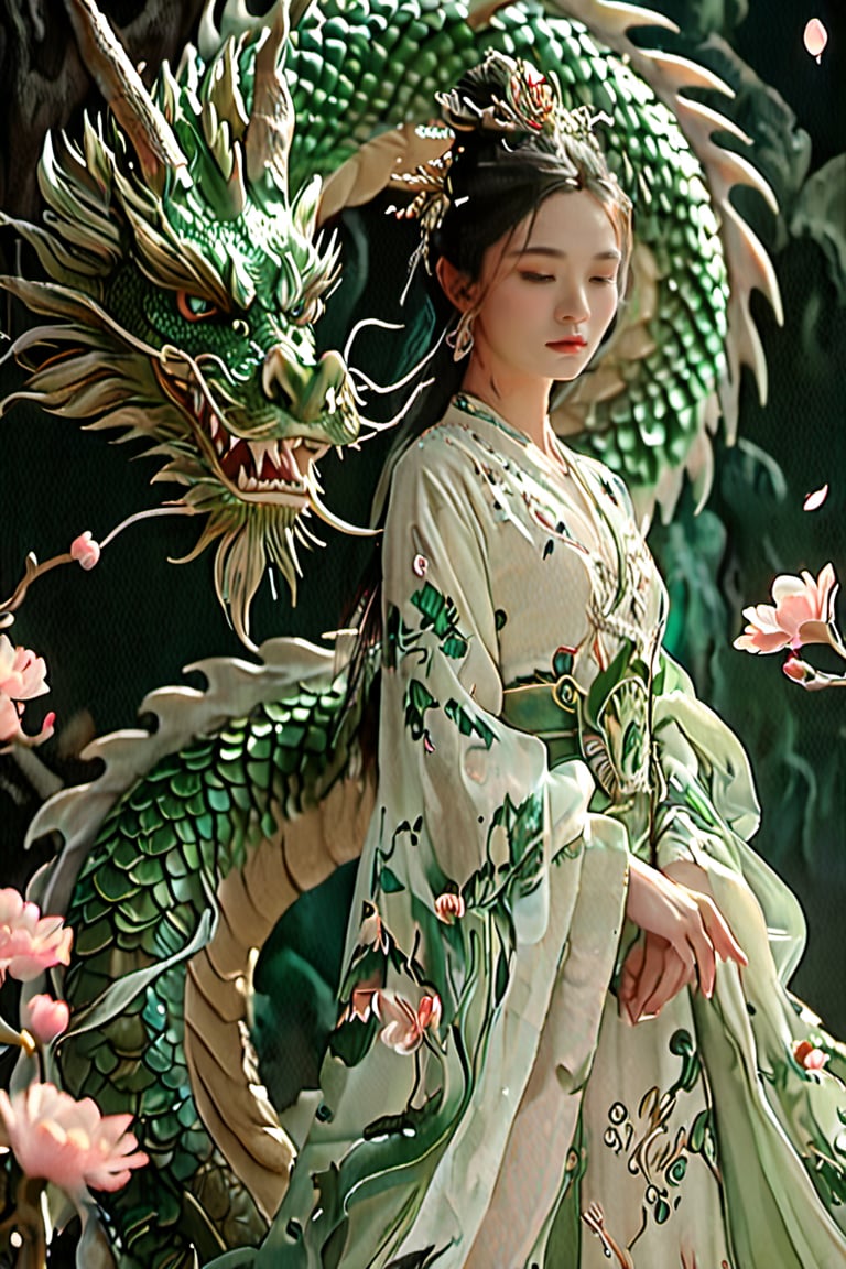 A serene scene where a woman, adorned in a traditional green and white dress, stands gracefully beside a majestic green dragon. The woman wears an ornate headpiece and holds a delicate object in her hand. The dragon, with its intricate scales and fierce yet calm expression, wraps around her, creating a protective and harmonious bond between them. The backdrop is dark, with subtle lighting highlighting the dragon and the woman, and there are floating pink flowers adding to the ethereal atmosphere.,xxmixgirl