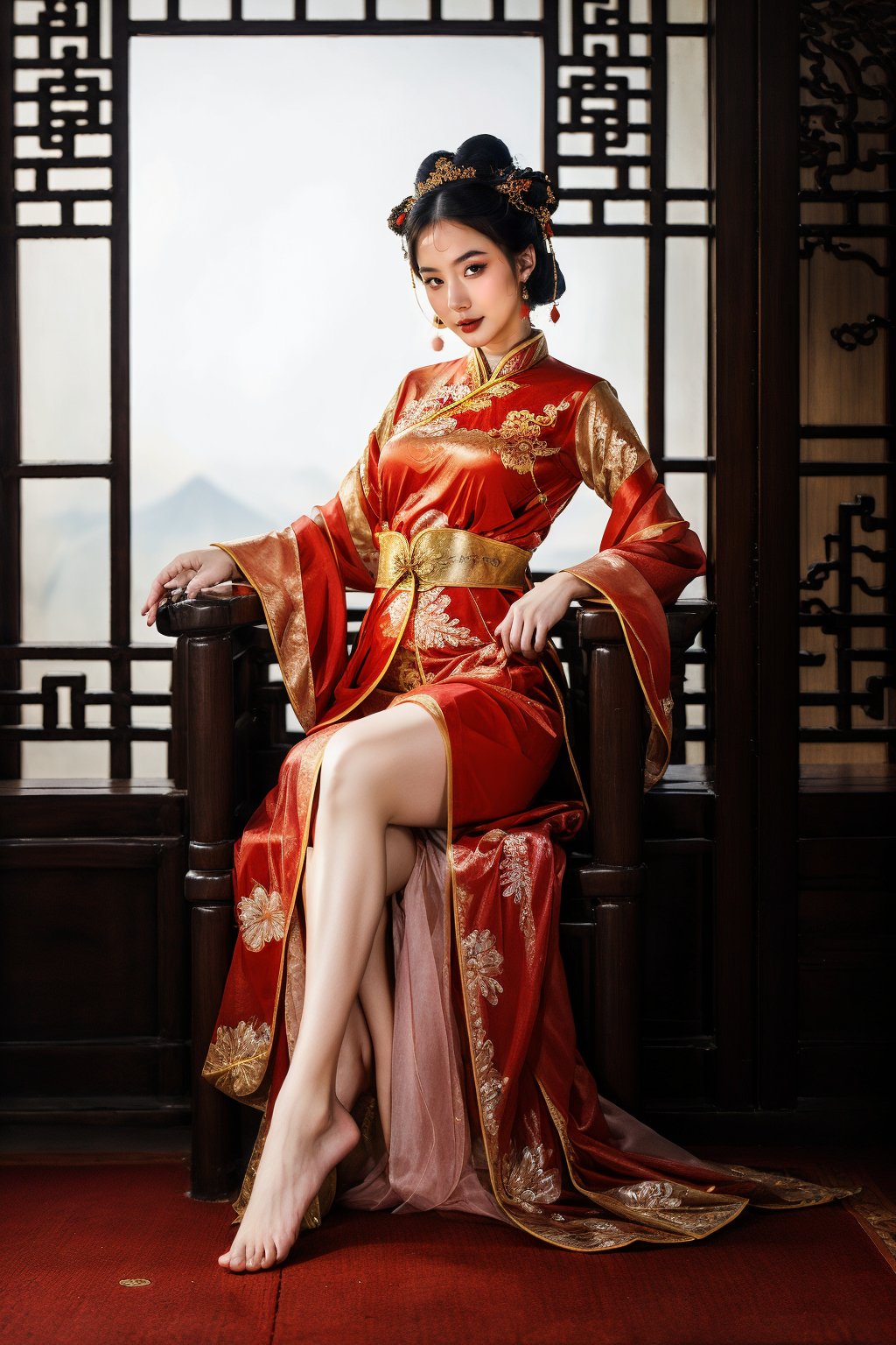 (fantasy art), 1 oriental girl,  ((full body, )) beautiful, perfect face, sweet face, A Chinese Queen sitting in a throne crossing legs, dark eyes, fantastic clothes, dressed in a intricate detailed traditional Chinese dress, background with oriental landscape, fantastic hairstyle,  fantasy, (masterpiece, photorealistic, absurd), dappled sunlight