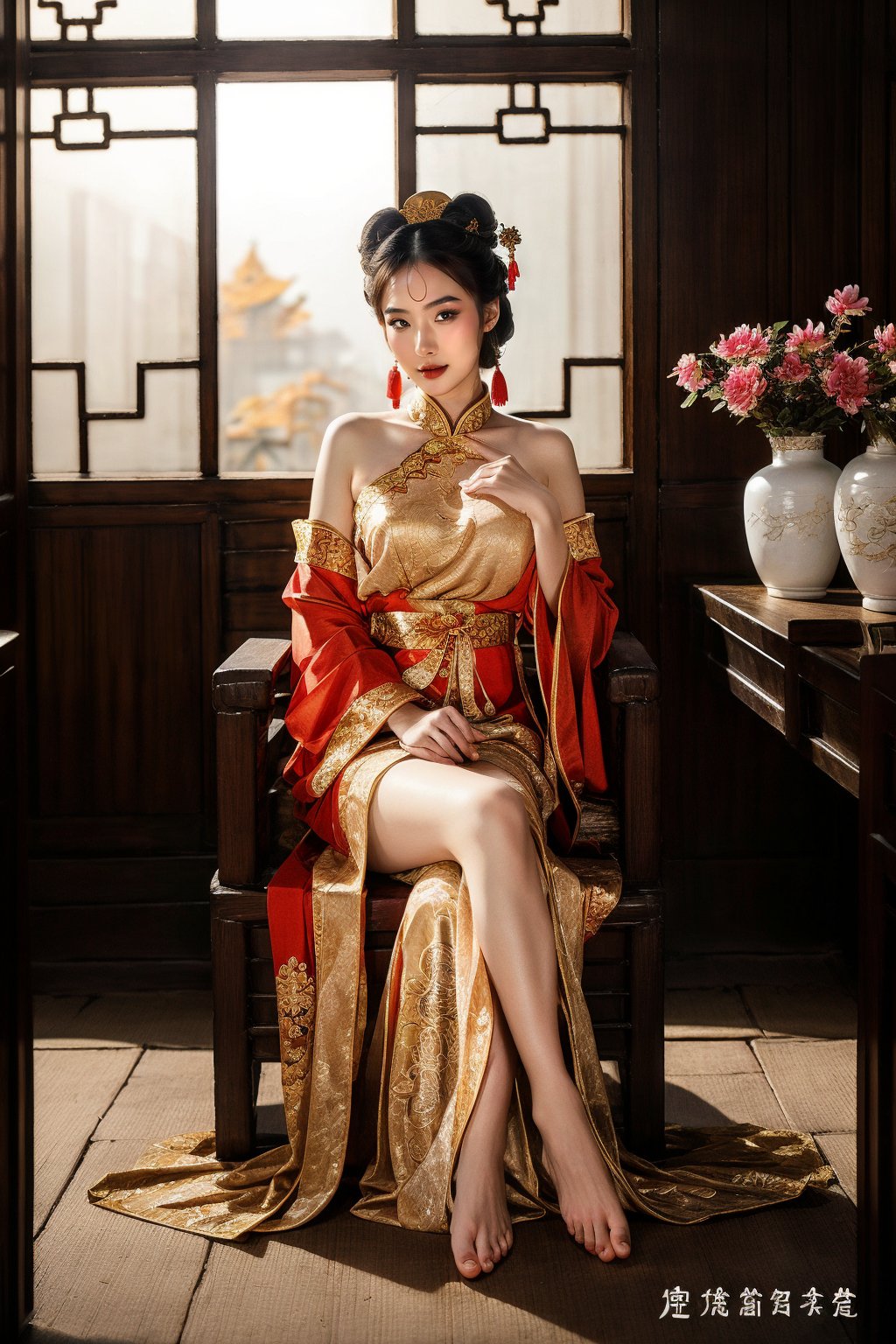 (fantasy art), 1 oriental girl,  ((full body, )) beautiful, perfect face, sweet face, A Chinese Queen sitting in a throne crossing legs, dark eyes, fantastic clothes, dressed in a intricate detailed traditional Chinese dress, background with oriental landscape, fantastic hairstyle,  fantasy, (masterpiece, photorealistic, absurd), dappled sunlight