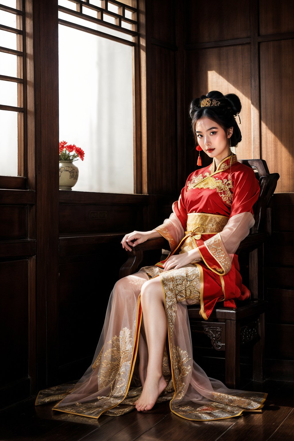 (fantasy art), 1 oriental girl,  ((full body, )) beautiful, perfect face, sweet face, A Chinese Queen sitting in a throne crossing legs, dark eyes, fantastic clothes, dressed in a intricate detailed traditional Chinese dress, background with oriental landscape, fantastic hairstyle,  fantasy, (masterpiece, photorealistic, absurd), dappled sunlight