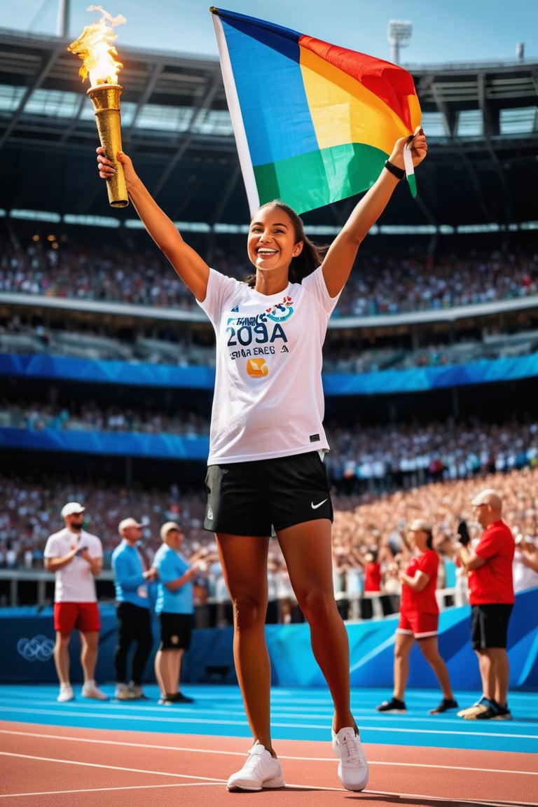 A triumphant figure stands amidst a sea of expectant faces in a packed sports stadium. The girl's subtle smile radiates confidence as she holds the Olympic torch aloft, her white t-shirt and black sport shorts a sleek contrast to the vibrant atmosphere. Text "PARIS 2024" written on her shirt serves as a declaration of pride. Her pose, captured in mid-stretch, exudes a sense of dynamic energy. The high-resolution image is rendered in exquisite HDR detail, with every subtle texture and nuance brought to life in a masterpiece of digital art.