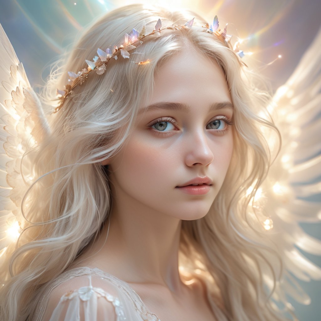 close up portrait of a female angel, soft features, delicate wings, serene expression, glowing halo, flowing long hair, gentle gaze, celestial beauty, intricate details, pastel colors, heavenly lighting, divine aura, angelic presence, high resolution, heavenly setting