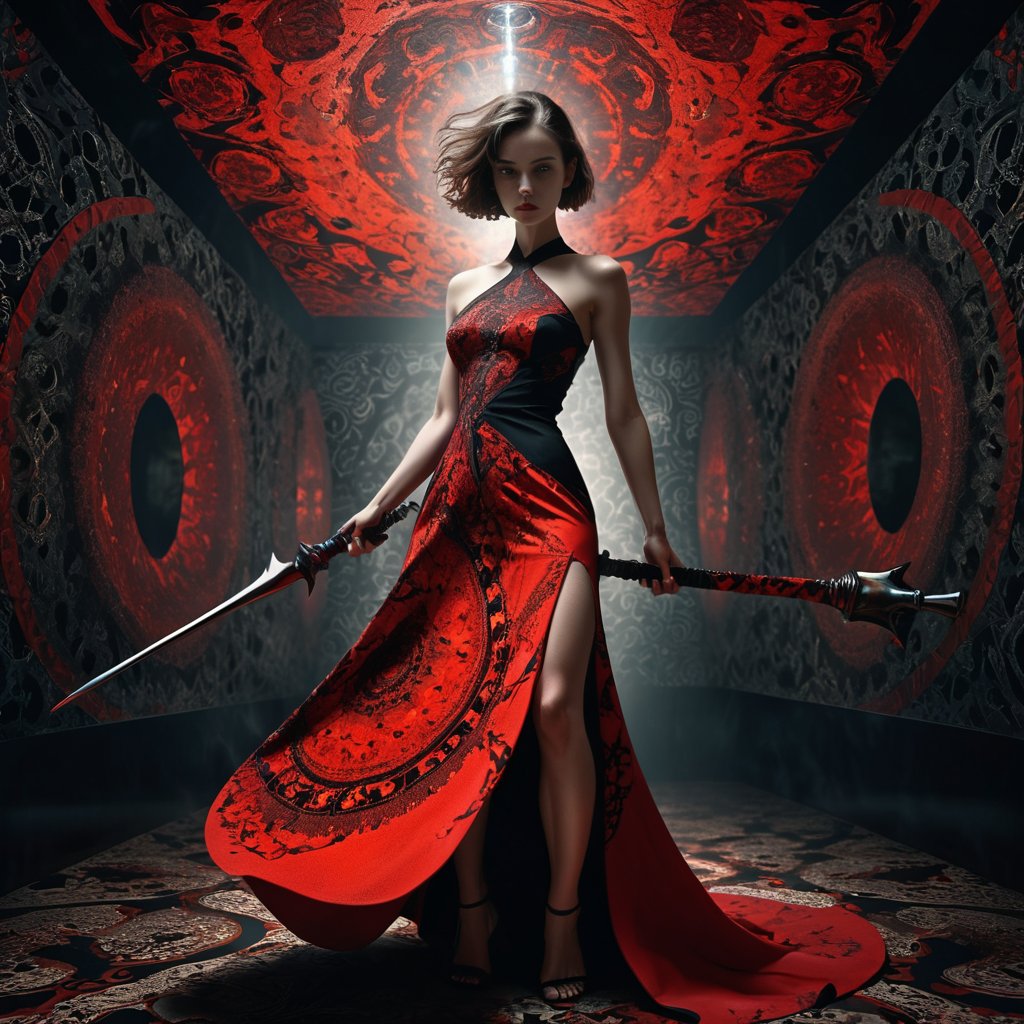 a woman, vibrant red and black dress, intricate patterns, surrealistic setting, distorted proportions, abstract background, mace weapon, detailed textures, mind-bending perspective, unique and imaginative, artistically daring, mysterious lighting effects