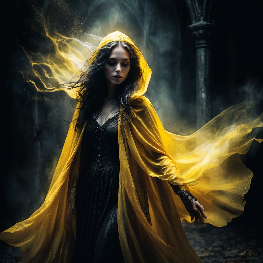 mysterious woman, flowing yellow cloak, ethereal dissolving effect, dark and atmospheric background, gothic fantasy vibes, intricate details, dramatic lighting, shadows and highlights, fantasy elements, magical aura, surreal composition, high contrast, rich textures, fantasy artist style, haunting and enchanting